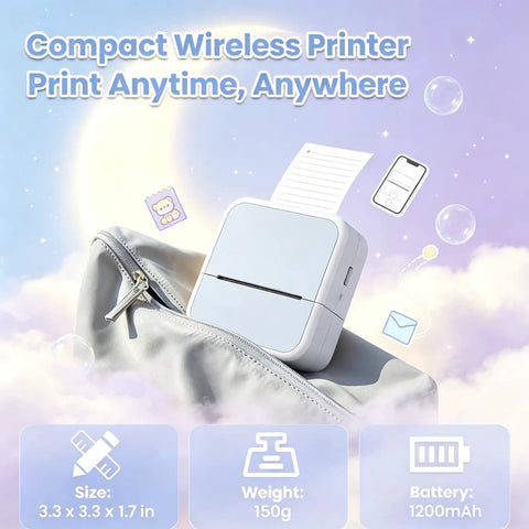 Portable Bluetooth Mini Label Maker Featuring No Sweat Inkless Thermal Printing For Crisp Photos And Totally Effortless Home Organization Sticker Sheets on a gray bag.
