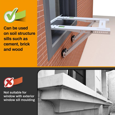 Drillless Window Air Conditioner Bracket For Easy Mounting attached to brick wall, supporting up to 200lbs, showing soil structure suitability.