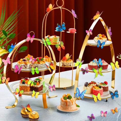 Butterfly Wall Decals Set 80 Pcs 3D Removable Mural Stickers on gold cake stand with pastries, home decor mixed styles A B C D.