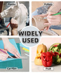Collage of 55 Pack Exacto Knife Set With 5 Craft Knives And 50 Precision Blades used on plaster, pottery, car film, and fruit.