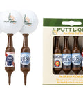 Golf balls on Beer Bottle Golf Tees Pack Of 6 For Golfers - Virtually Unbreakable Recyclable Plastic - 3-1/4 Inch Tall packaging.