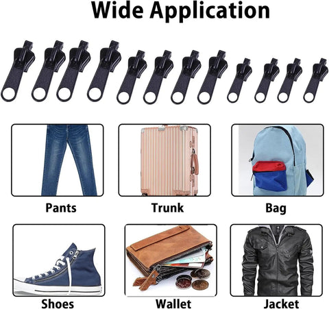 12 Pack Black Zipper Sliders Repair Kit For Clothes Jackets Bags And Luggage Universal Fit For Standard Teeth Quick Fix Zipper Pullers Replacement Set A Handy Must Have For Sewing DIY Repairs And Everyday Notions shown with wide application on pants, trunk, bag, shoes, wallet, and jacket