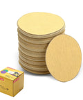 100 Pcs Hook And Loop Sanding Discs made from premium aluminum oxide grit stacked next to packaging for quick easy replacement.
