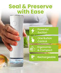Hand using Portable Handheld Vacuum Sealer For Food With 32 Reusable Bags, Compact Yet Boss Level Kitchen Gadget with features displayed