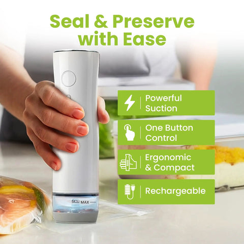 Hand using Portable Handheld Vacuum Sealer For Food With 32 Reusable Bags, Compact Yet Boss Level Kitchen Gadget with features displayed