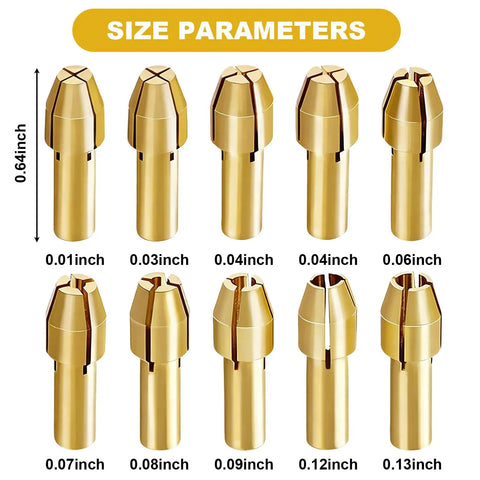 Pro Grade 10 Piece Brass Collet Set For Rotary Tools Ideal For Cutting Polishing Carving And Engraving With Sizes From 0.5mm To 3.2mm