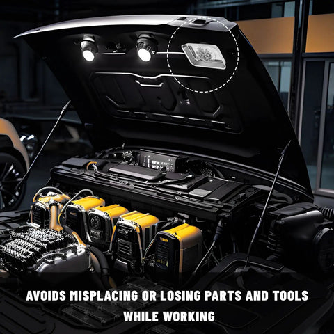 Heavy Duty Magnetic Tray Set For Tools And Fasteners in use on car hood, stainless steel tray keeps screws, bolts, nuts from spilling