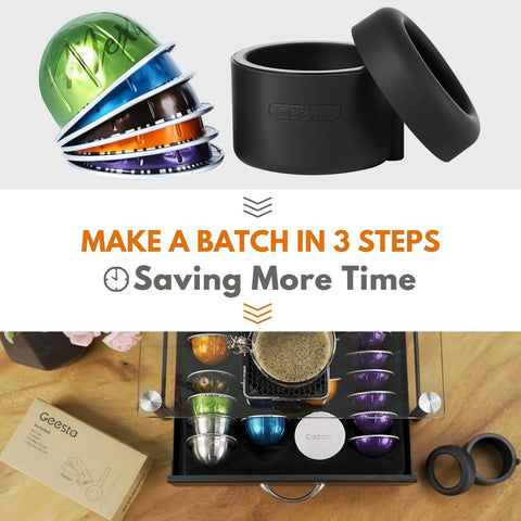 Stacked VertuoLine pods, reusable capsule holder, and box for Refill Kit For Nespresso VertuoLine Pods With Reusable Capsule Holder.