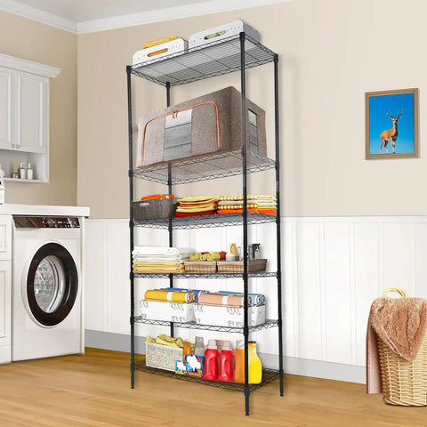 Badass Six Tier Rolling Storage Shelves With Smooth Caster Wheels Hauls Up To 2400 Pounds Total Adjustable Heavy Duty Metal Rack in a laundry room organizing towels.