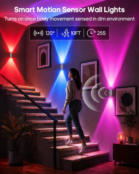 GOODEA RGB Wall Sconce, Rechargeable Motion Sensor Wall Light with Remote illuminating a staircase with vibrant colors.