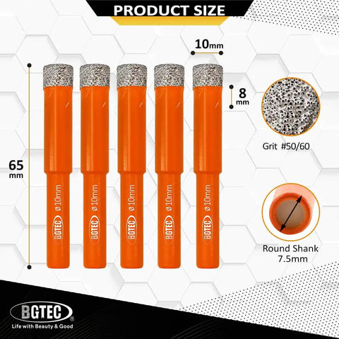 Dry Diamond Drill Bit Set For Granite Marble Masonry Concrete Tile Ceramic Glass And Hard Plastic 5 Piece Three Eighths Inch Ten Millimeter Vacuum Brazed Diamond Core Drill Bit Kit With Built In Cooling Wax, showing 10mm size and grit detail