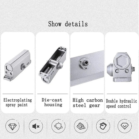 Light Commercial Aluminum Door Closer With Soft Close And Automatic Adjustable Arm, showing electroplating and steel gear details