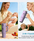 Portable Breast Milk Cooler With 24 Hour All Round Cooling And 18oz Bpa Free Container And 50oz Insulated Tumbler With Straw For On The Go Nursing Moms Keeping Fresh Stash Ice Cold On The Road, mom feeding baby outdoors.