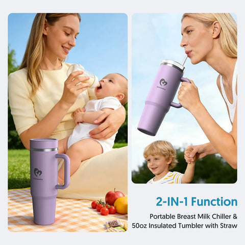 Portable Breast Milk Cooler With 24 Hour All Round Cooling And 18oz Bpa Free Container And 50oz Insulated Tumbler With Straw For On The Go Nursing Moms Keeping Fresh Stash Ice Cold On The Road, mom feeding baby outdoors.