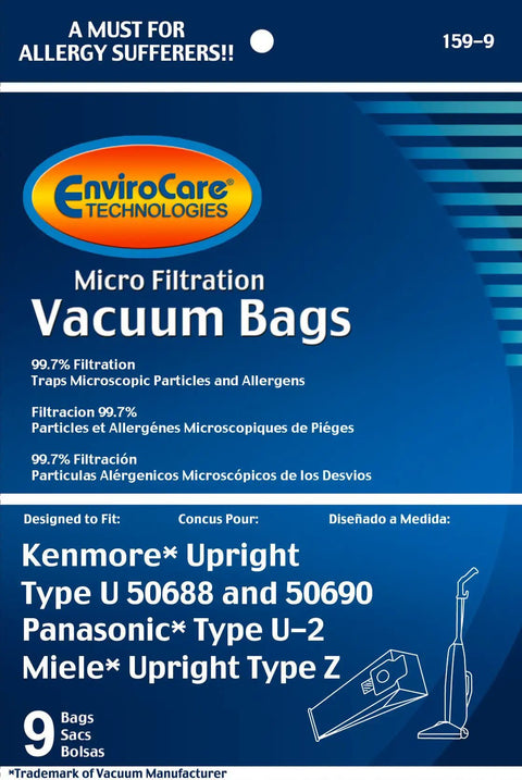 Replacement Vacuum Bags Nine Pack For Kenmore Upright Type U L O 50688 50690 product packaging with features
