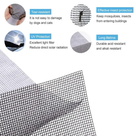 Fiberglass Screen Roll For Windows And Doors, High Visibility Flexible Mesh For Easy DIY Repair And Rescreen, showing features like tear resistance and UV protection.