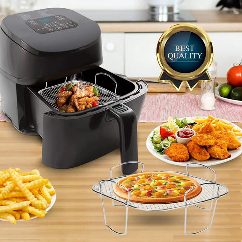 Premium Steel Air Fryer Basket Set With Nonstick Mesh For Even 360 Degree Heat Circulation in use with food