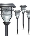 Bright Solar Pathway Lights 4 Pack Outdoor Waterproof Crackle Glass Aluminum Stake Lights For Garden Walkway Landscape Decor Solar Powered Easy Install, featuring close-up of crackle glass design and aluminum stakes.