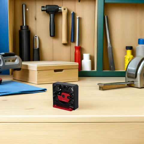 Premium Adjustable Dowel Cutter Jig With 8 Precision Holes For Drill, Cnc Aluminum Alloy Woodworking Tool on a workbench.
