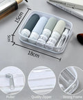 TSA Approved Travel Bottle Set With Leak Proof Silicone Squeezable Containers in clear zip case, dimensions 18cm by 15cm.