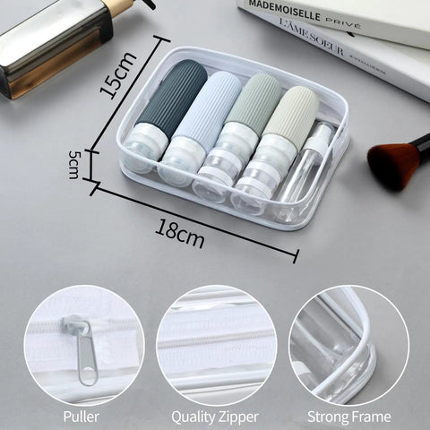 TSA Approved Travel Bottle Set With Leak Proof Silicone Squeezable Containers in clear zip case, dimensions 18cm by 15cm.