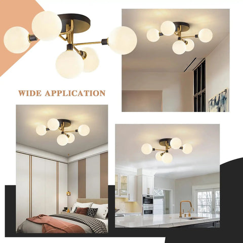 Five Light Mid Century Modern Milk Glass Globe Ceiling Light in black and brass fixture for hallway, dining, and bathroom