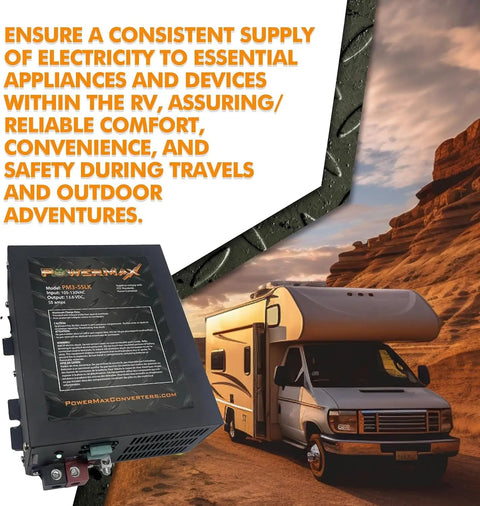 Bad Boy 55 Amp Deck Mount Rv Converter Charger with Smart Multi Stage Charging, gray body, mounted next to RV.