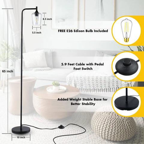 Industrial Black Floor Lamp For Living Room And Bedroom With Champagne Glass Shade Tall Farmhouse Style Standing Lamp With E26 Bulb Included Pedal Foot Switch And Five Point Nine Foot Cord shown in a modern living room.