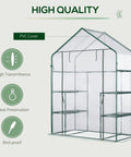 Walk-In Portable Greenhouse Kit 5x2.5x6.5 Feet With Roll-Up Door shown with clear PVC cover and three-tier shelves for garden use.