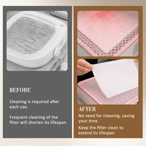 Before and after using 1000 Sheets Nail Dust Collector Filter Paper For Most Nail Dust Fan Extractor Machines Disposable Nail Dust Vacuum Filter Pack Portable Nail Tech Gear For Home Salon And Nail Spa Bulk Refill with dirty and clean filters.