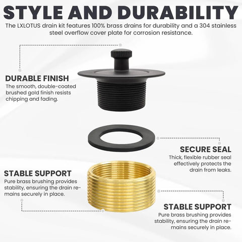 Oil Rubbed Bronze Bathtub Drain Kit With Lift And Turn Plug And Overflow Plate Replacement Tub Drain Assembly Screws Included Universal Fit For 1-3/8 And 1-1/2 Inch Drains Brass Construction Easy Install components showing durability and support features