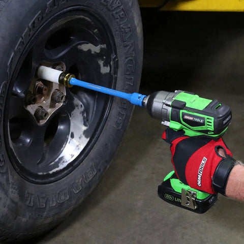 Using Torque Sticks Half Inch Drive Set Five Piece Torque Limiting Extensions For Lug Nut Protection on a car wheel
