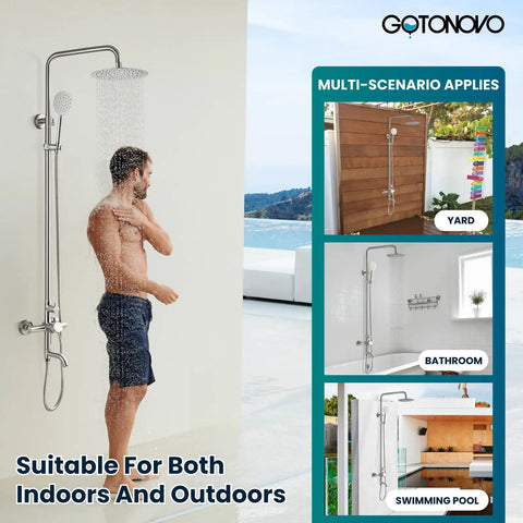 Stainless Steel Shower Faucet Set Wall Mounted With All In One Triple Function System 8 Inch Rainfall Shower Head in use outdoors
