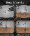 Diagram explaining the use of 10 Piece Screw Extractor Set for Stripped Screws and Broken Bolts with visual steps.