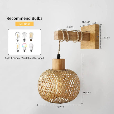 Bamboo Rattan Wall Sconce Lighting For Bedroom And Living Room showing dimensions and E26 bulb recommendation, 1 Pack.