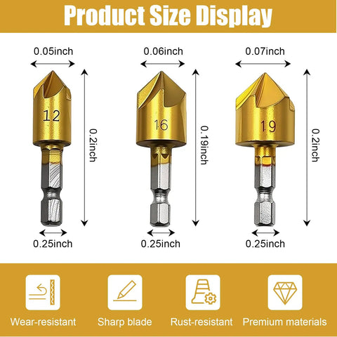 Three Piece Countersink Drill Bit Set With Hex Shank For Metal Hole Edge Prep Includes One Half Inch Five Eighth Inch And Three Quarter Inch Chamfer Bits In Gold Finish Multi Size Chamfer Tooling For Precise Fast Holes