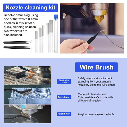 KuanStore 3D printer tools kit with nozzle cleaning set and wire brush trio (steel, brass, nylon)