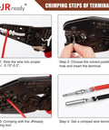 Crimping steps using JRready ACT-LY tool with red wire terminal insertion, positioning, and crimping process.