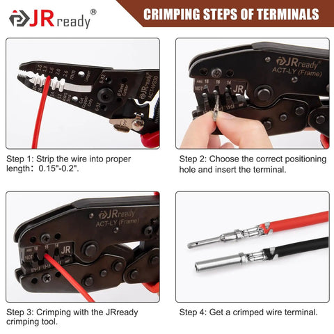 Crimping steps using JRready ACT-LY tool with red wire terminal insertion, positioning, and crimping process.