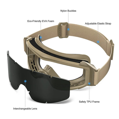 Fog Proof Airsoft Goggles With Interchangeable Lenses for Shooting and Outdoor Sports, TPU frame, EVA foam, adjustable strap.