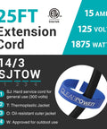 Heavy Duty 25 Ft Outdoor Indoor Extension Cord 14 Gauge 3 Conductor SJTW UL Listed specs and features