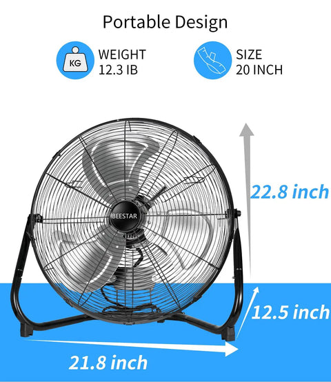 Front view of Heavy Duty 20 Inch Floor Fan With High Velocity Airflow, 3 Speeds And Adjustable Tilting Head, Industrial Metal Construction Black