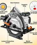 Professional Grade 7 1 4 Inch Circular Saw Featuring A Robust 1600 Watt Motor And 11 7 Amps Of Kick Ass Cutting Power For Heavy Duty Woodworking Projects At 6100 Rpm Lightweight Portable Design showing control buttons and features.