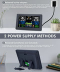 All In One Weather Station With Wireless Indoor And Outdoor Sensors Seven Point Five Inch Display showing power supply methods