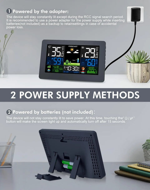 All In One Weather Station With Wireless Indoor And Outdoor Sensors Seven Point Five Inch Display showing power supply methods