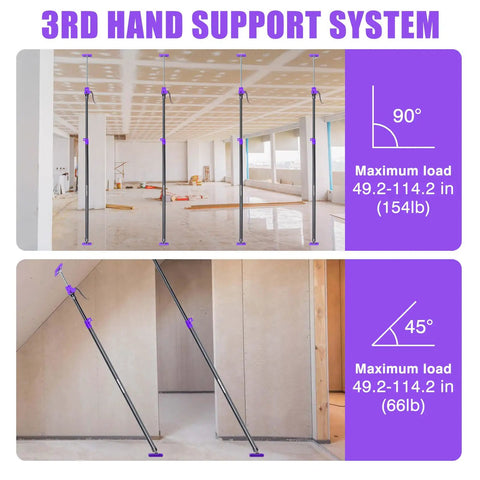 Heavy Duty Steel Drywall Jack Poles, Adjustable Cabinet Support Rod System 49-114 Inches at 90 and 45 degrees with load capacities.