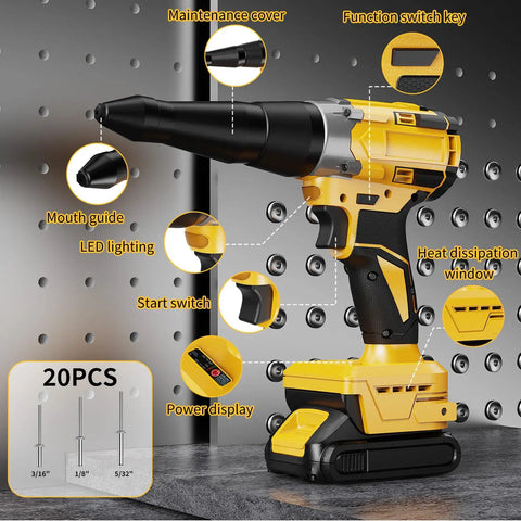 Heavy Duty Brushless Cordless Pop Rivet Gun Pumped With Killer Two Thousand One Hundred Pound Pulling Force For Quick Auto Repair Fixes And Weekend Diy Builds Arriving Fully Loaded And Ready To Crush - Detailed view of features including mouth guide and LED light.