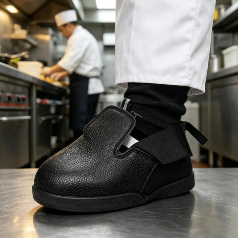 Heavy Duty Steel Toe Shoe Covers With Adjustable Strap Safety Overshoes For Work, black, durable fabric, kitchen setting.