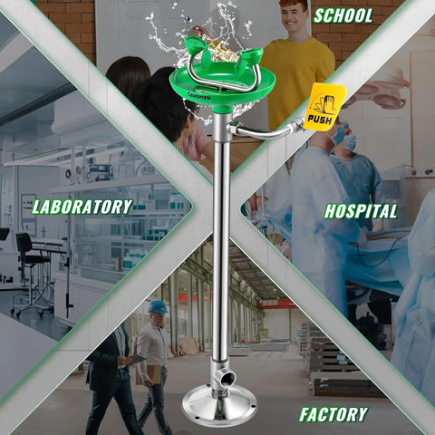Emergency Stand Up Eye Wash Station Floor Mounted Eyewash System For Workplace Safety ANSI Compliant Built Tough 304 Stainless Steel Frame With Twelve Liters Per Minute Flow Rate Easy Install Durable Eyewash Basin, green floor unit