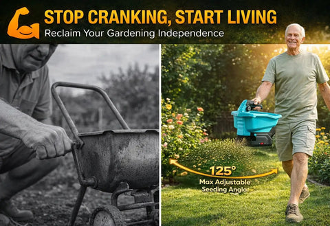 Older man using Cordless Electric Fertilizer And Seed Spreader For Lawns No Sweat 3.5Qt Capacity with 21V Brushless Motor outdoors